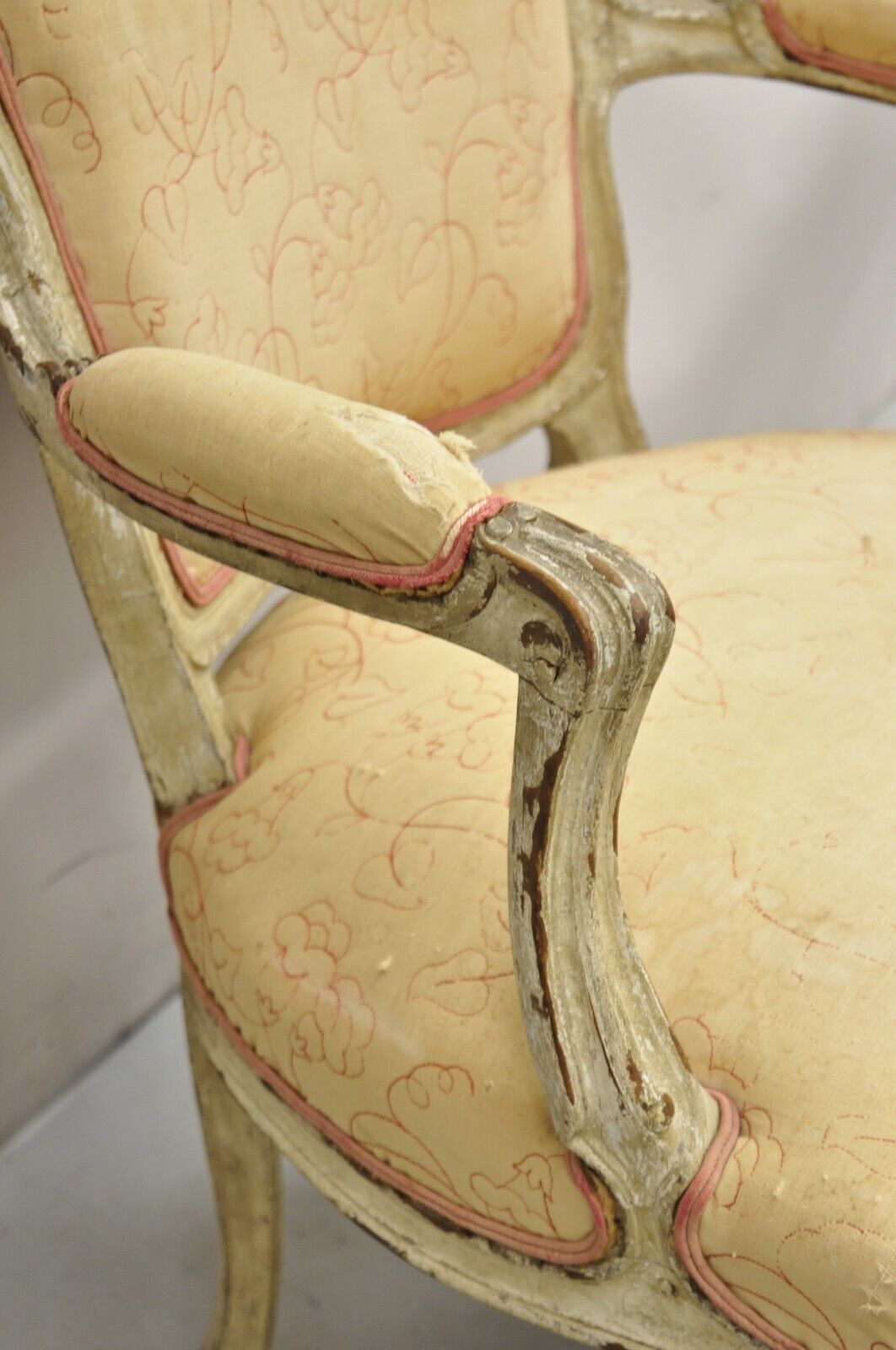 Antique French Louis XV Style Gustavian Cream Distress Painted Arm Chair