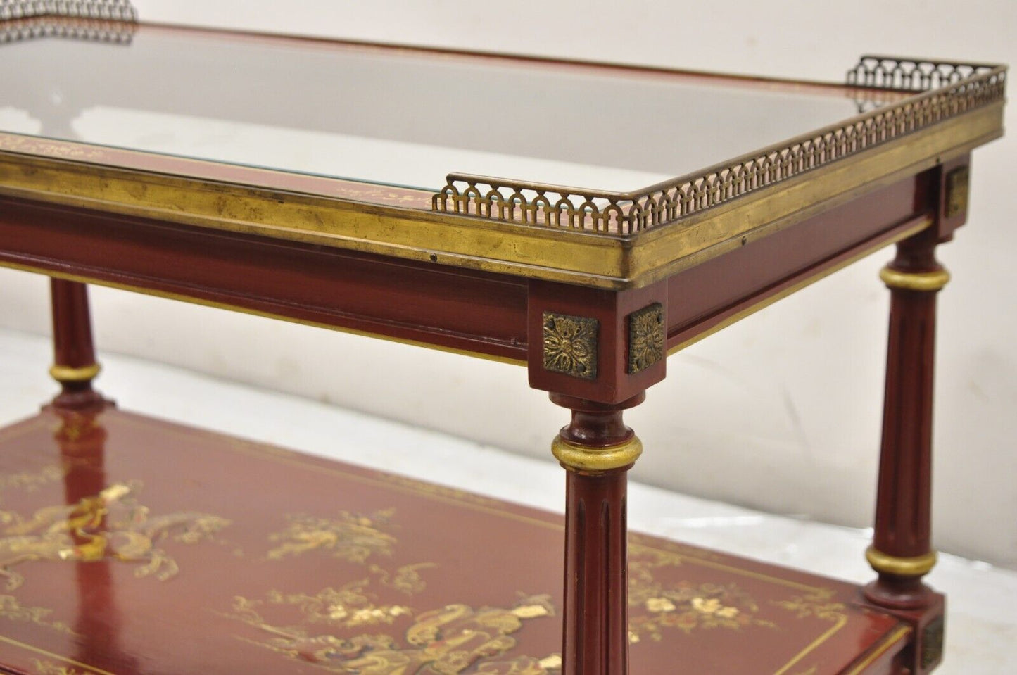 Chinoiserie Red Lacquer Gilt Painted Oriental Asian Glass Top Coffee Table