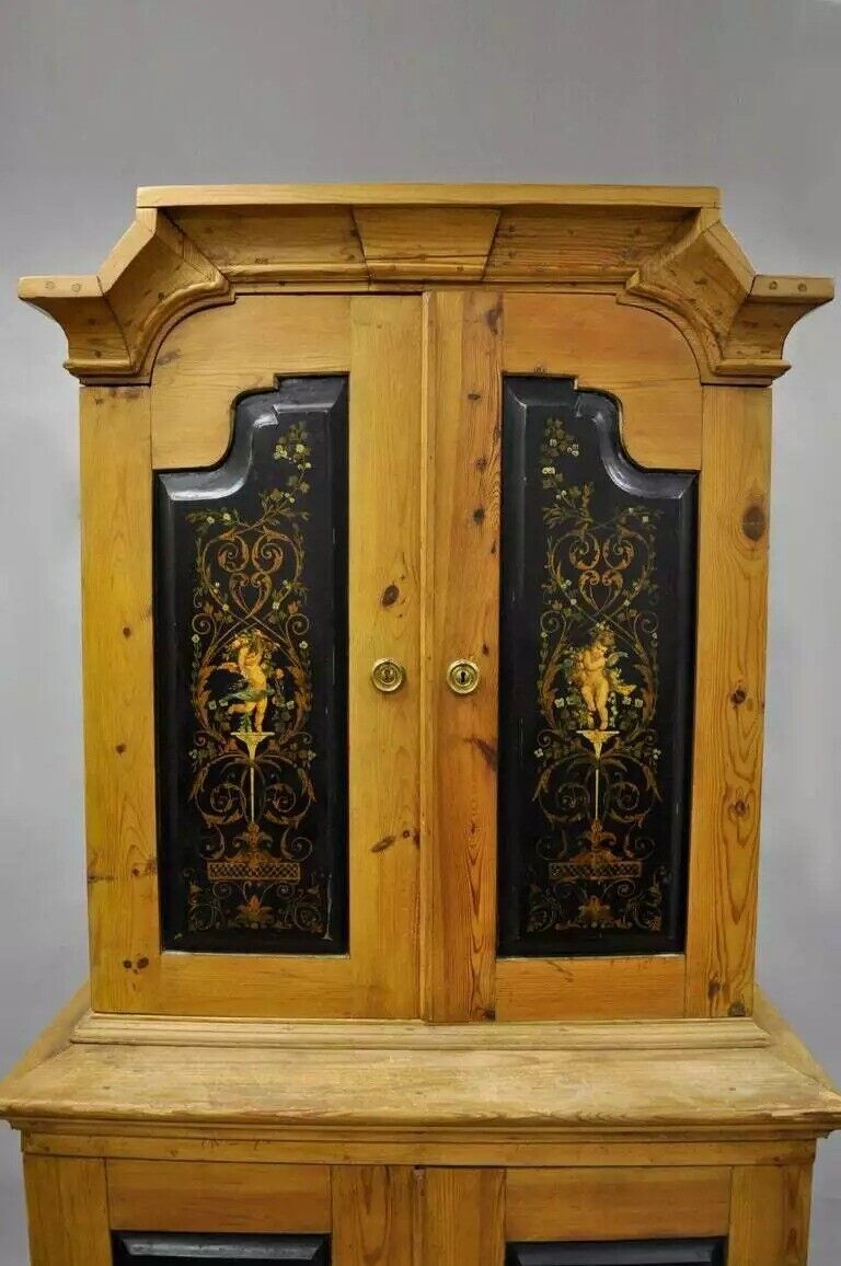 Antique Country French Neoclassical Putti Painted Pine Cupboard Cabinet Hutch