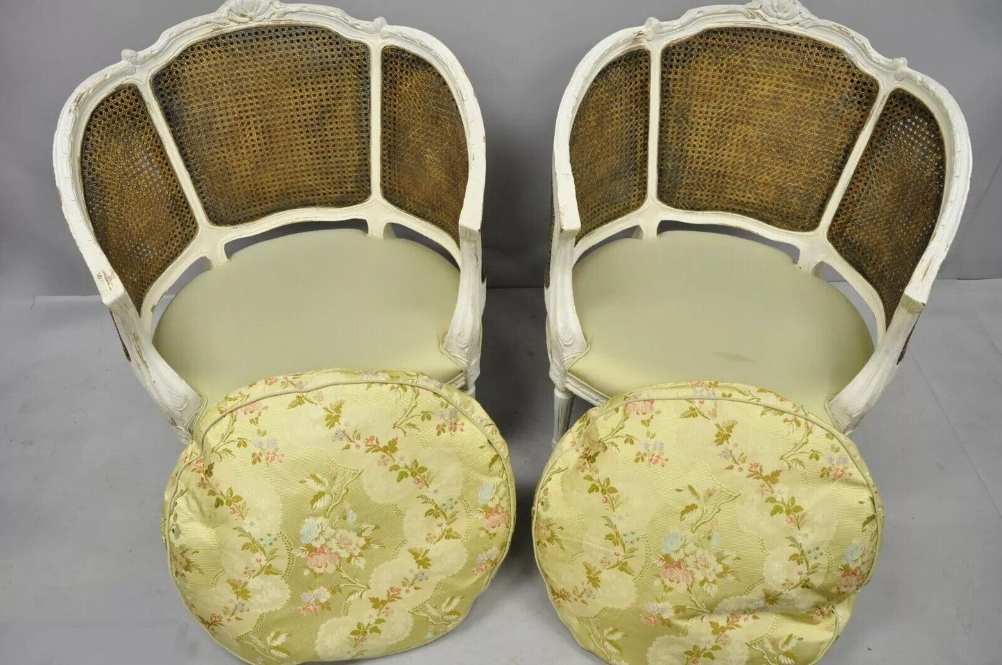 French Louis XVI Style White Distress Painted Cane Bergere Club Chairs - a Pair