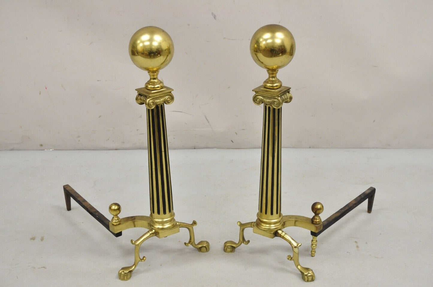 Vintage French Empire Style Brass Cannonball Column Form Branch Foot Andirons