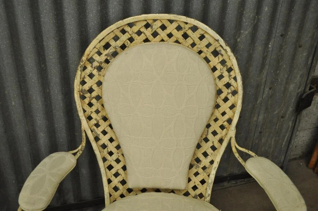 Vintage French Country Wrought Iron Lattice Scrolling Arm Chairs (B) - Pair
