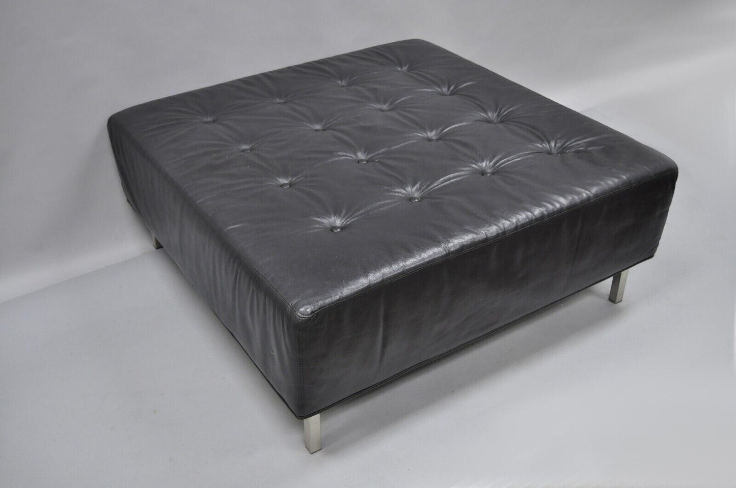 Thayer Coggin Modern Barcelona Style Black Tufted Leather 40" Square Ottoman