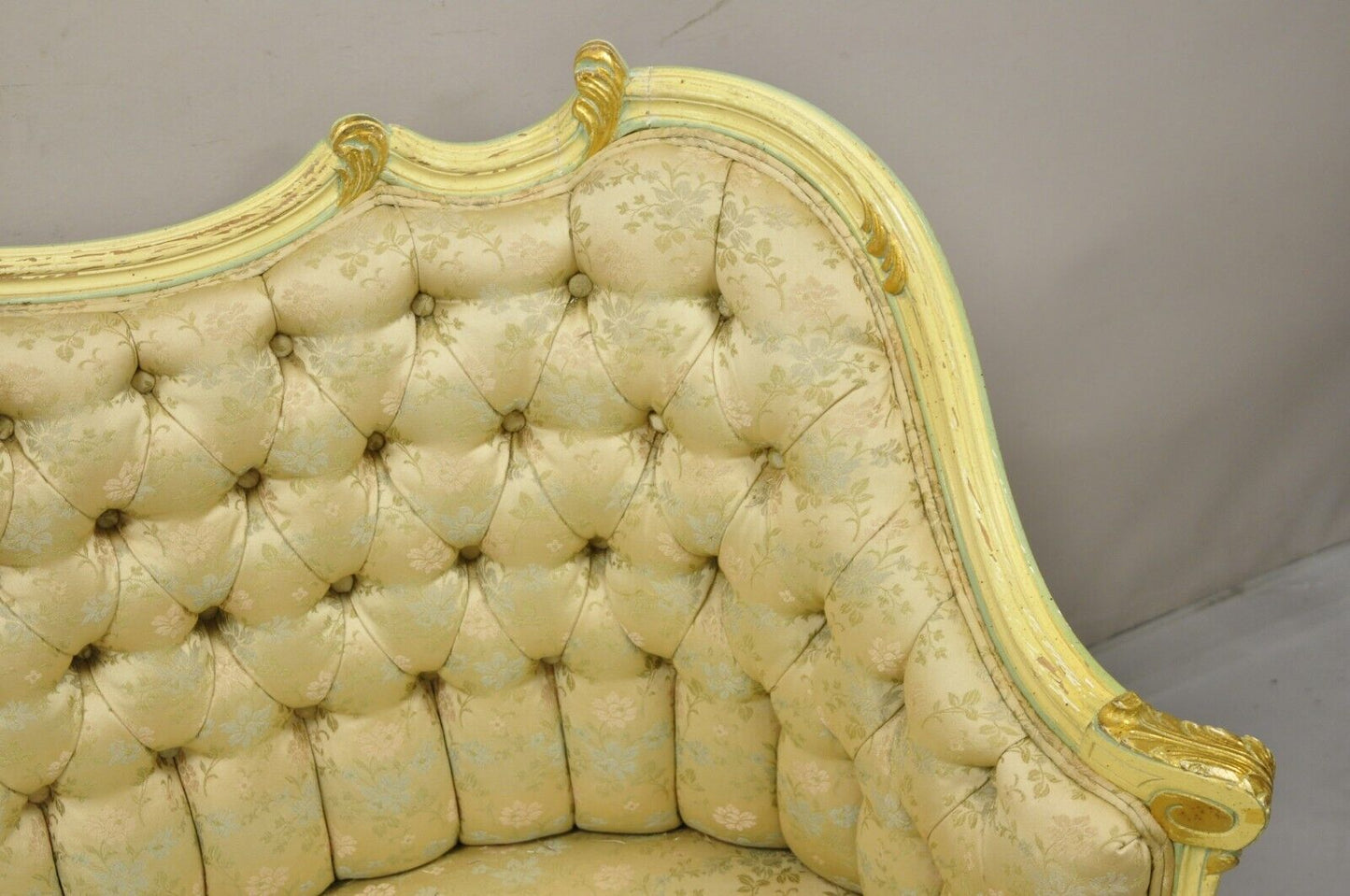 Vintage French Louis XV Rococo Style Yellow & Green Settee Loveseat Sofa