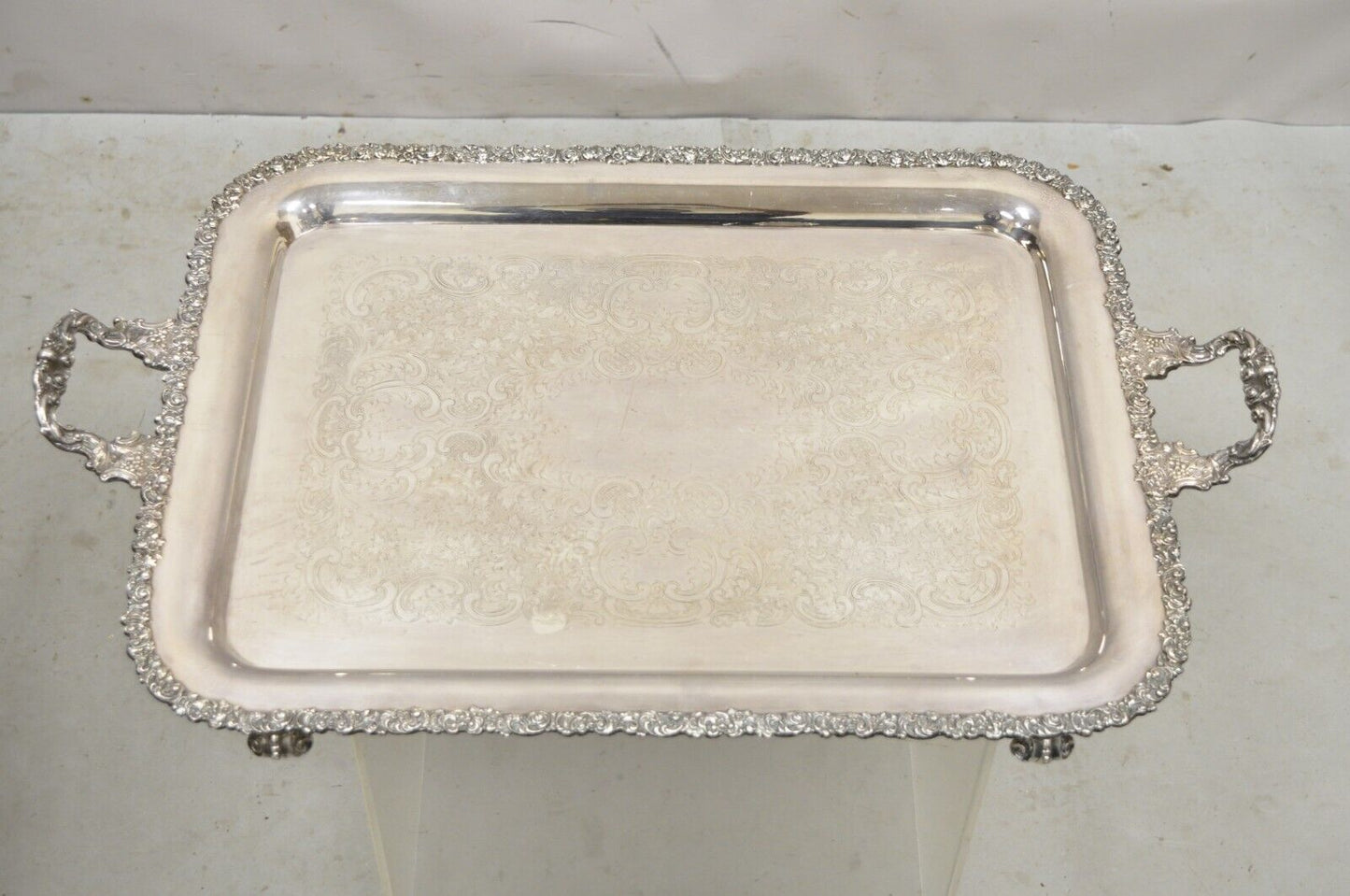 Vintage English Victorian Silver Plated Ornate Twin Handle Serving Platter Tray