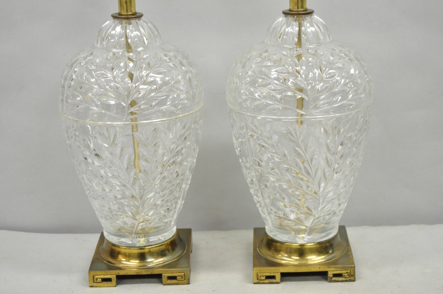 Vintage Chinoiserie Heavy Leaded Glass Wheat Sheaf Ginger Jar Table Lamps, Pair