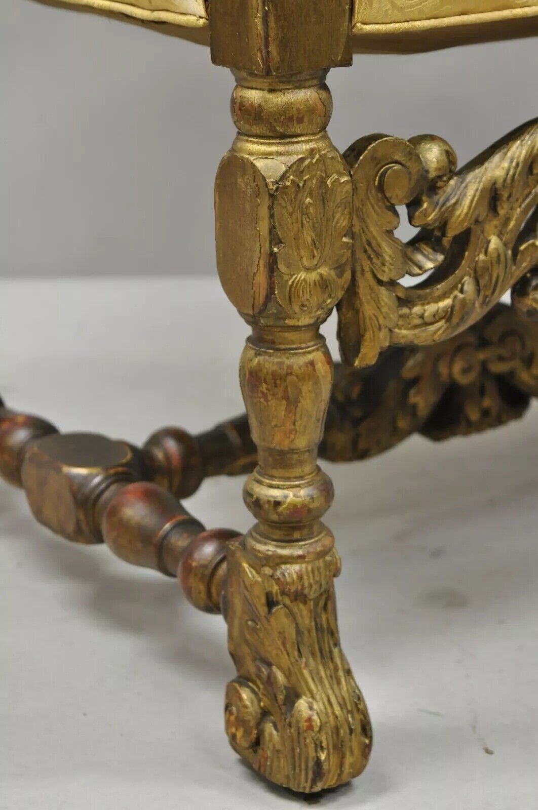 Antique Italian Renaissance Carved Walnut Jacobean Gold Upholstered Arm Chair