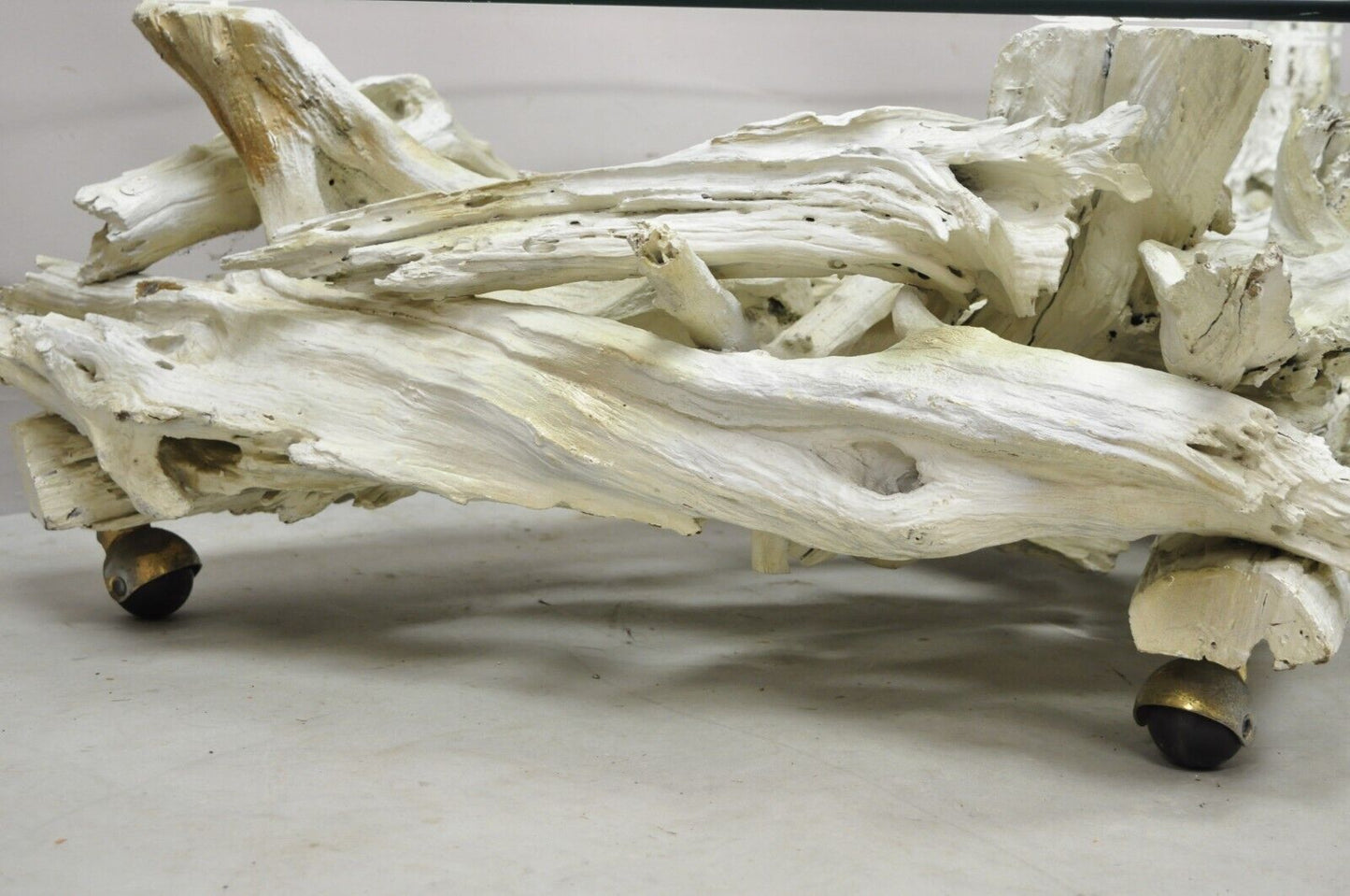 Vintage Mid Century Modern White Driftwood Base Glass Top Coffee Table