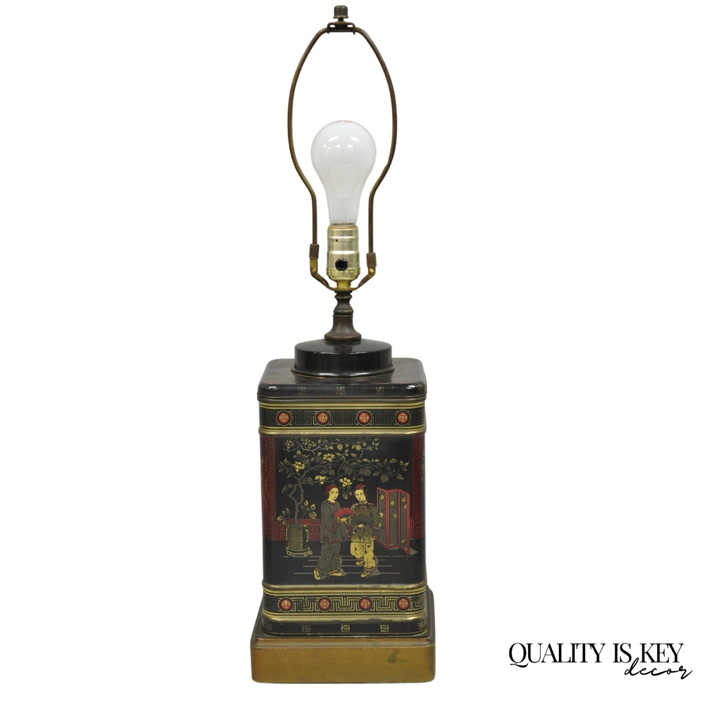 Vintage Chinoiserie English Tole Metal Tea Canister Chinese Painted Table Lamp