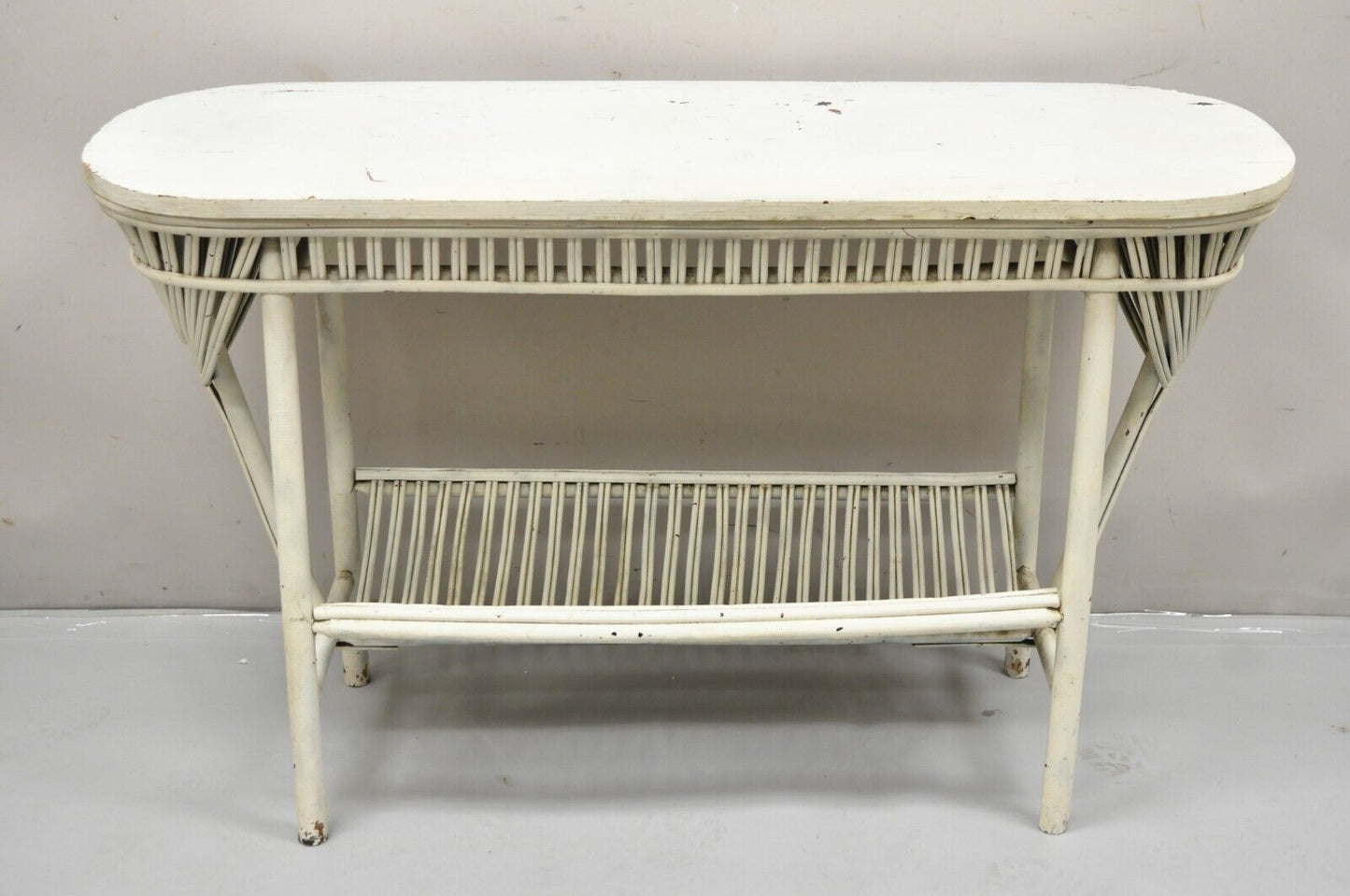 Antique Victorian Bentwood Sculptural Wicker Rattan Sunroom Console Hall Table