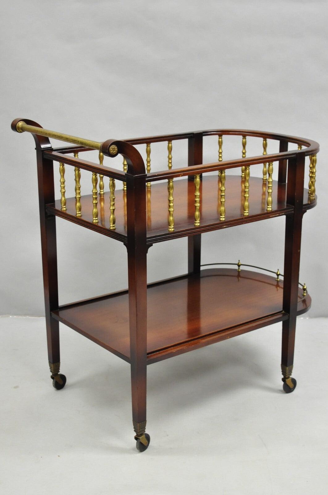 Vintage French Regency Mahogany 2 Tier Brass Gallery Rolling Bar Cart Server