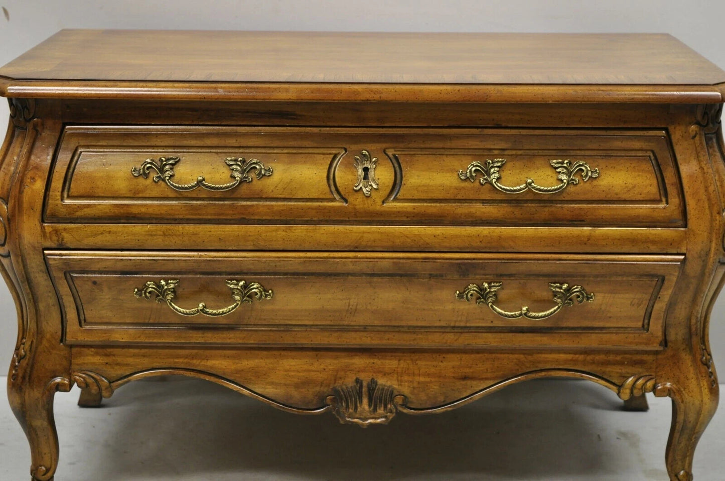 Drexel Heritage French Provincial Fruitwood Bombe Low Commode Nightstand Chest