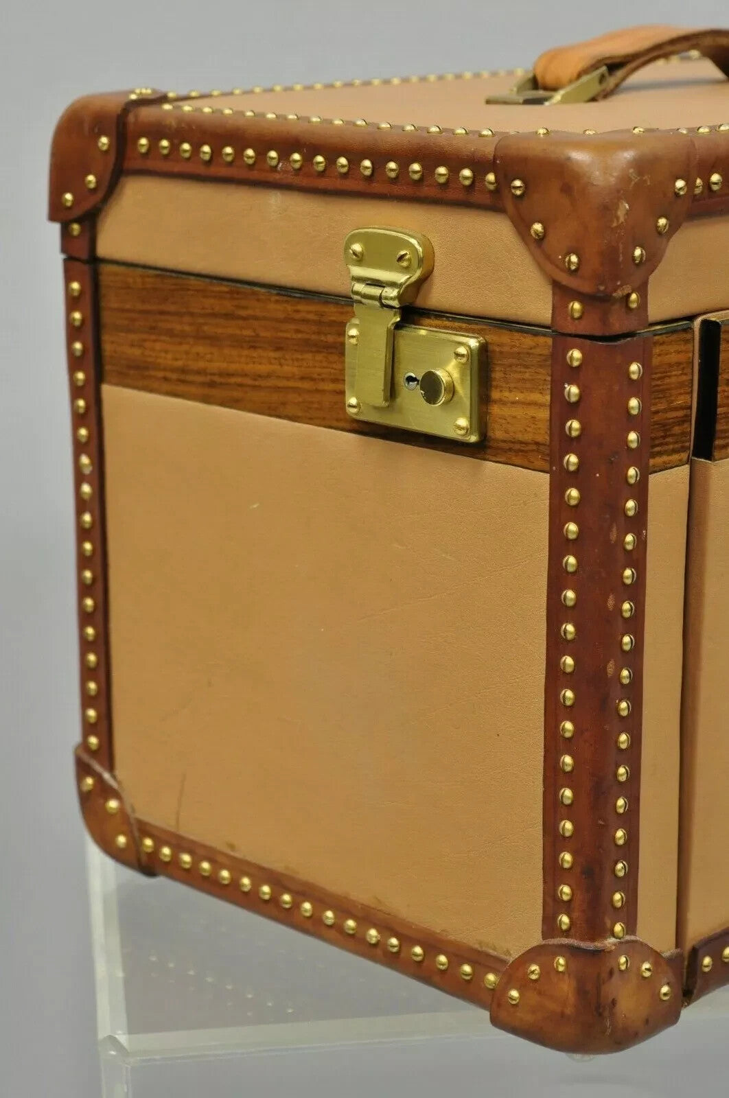 Vintage Custom Italian Leather Toiletry Box Case Travel Trunk w/ Brass Nail Trim