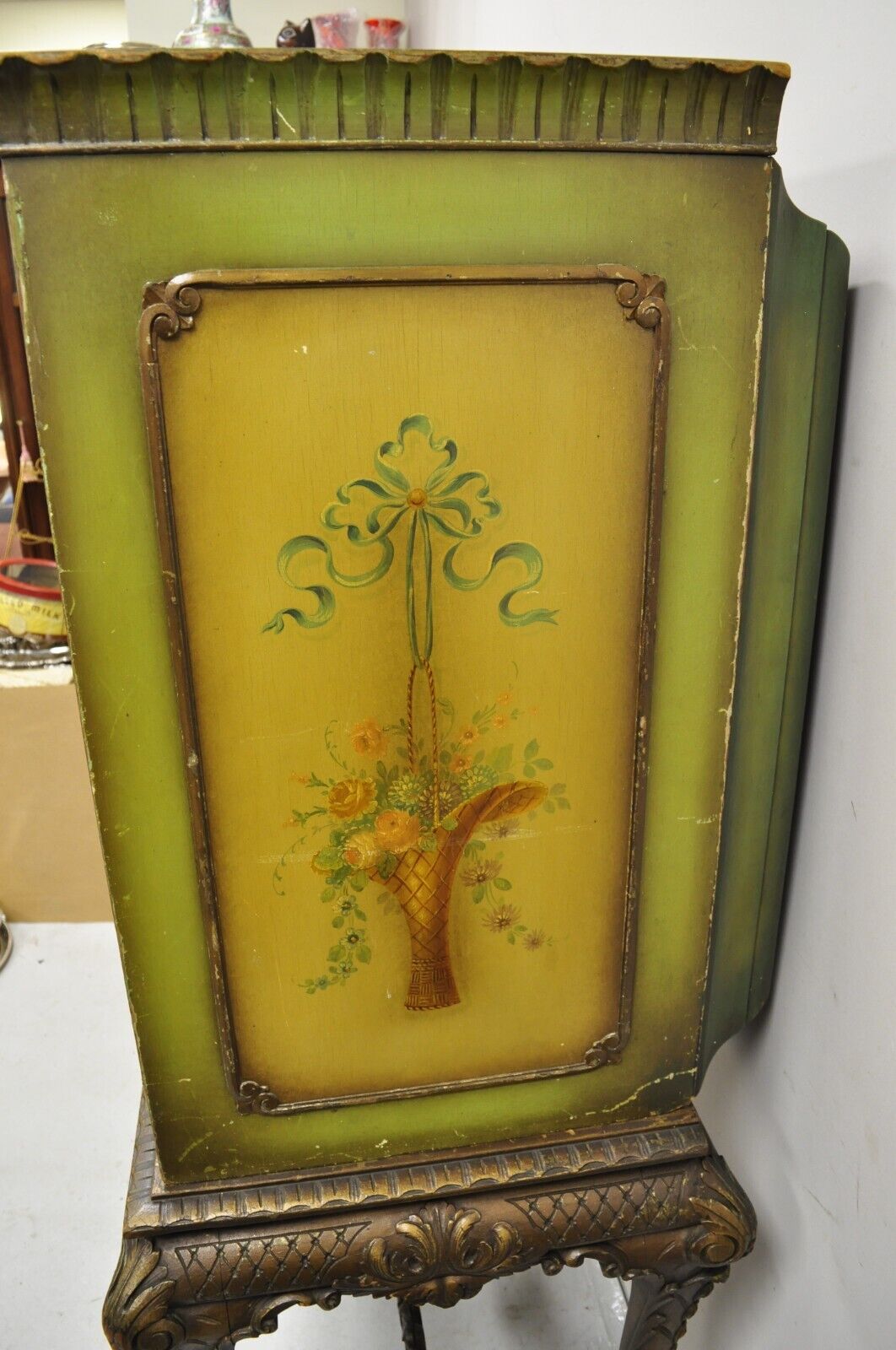 Antique French Renaissance Green Distress Painted Radio Cabinet Bar Cupboard