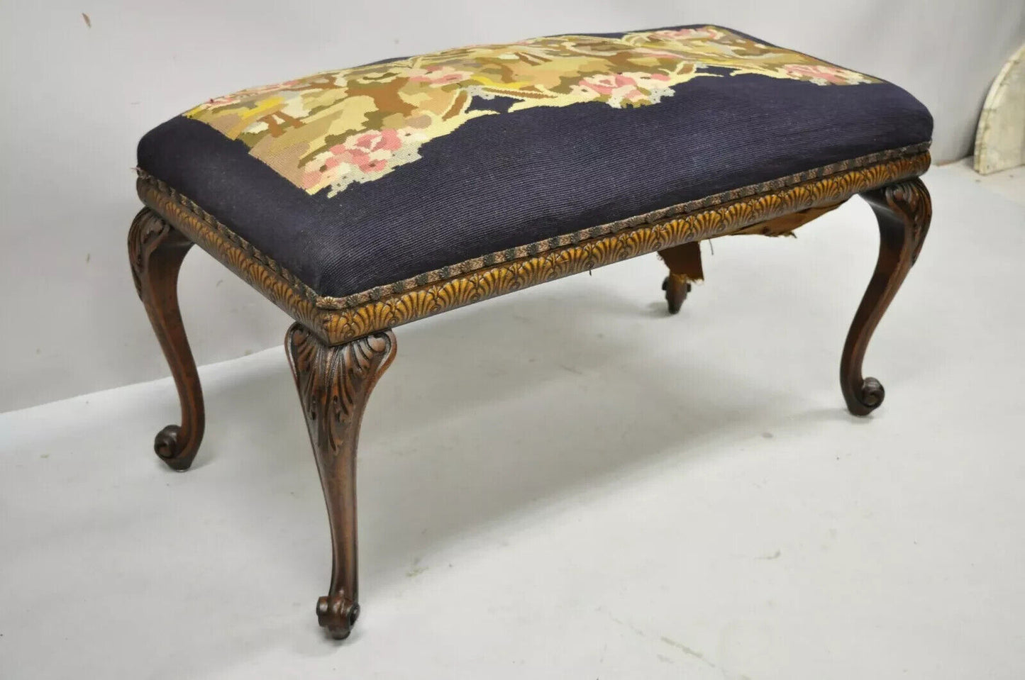 Antique French Victorian Needlepoint Carved Mahogany Cabriole Leg Bench