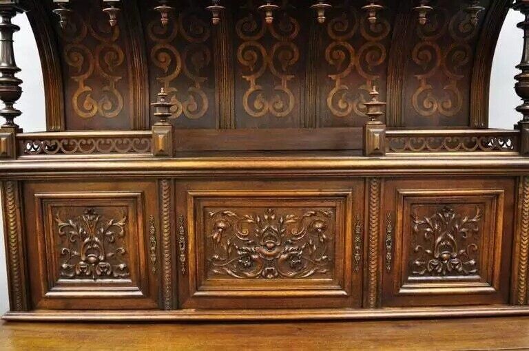 Gothic Renaissance Revival Carved Walnut Dragon Griffin Sideboard Buffet Cabinet