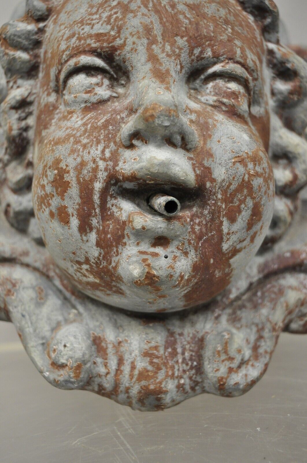 Antique French Neoclassical Small Lead Cherub Head Garden Wall Fountain
