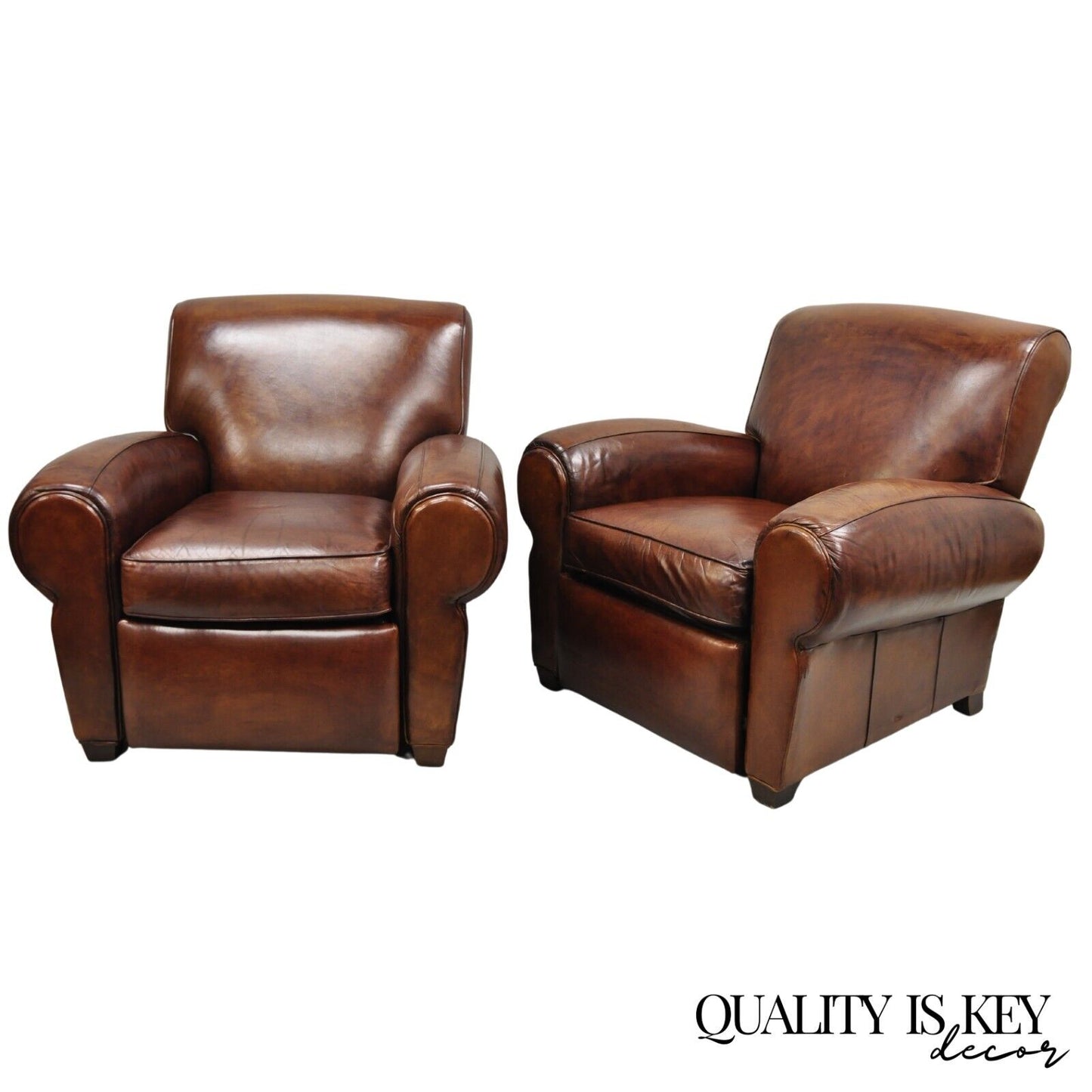 Pottery Barn Manhattan Brown Leather Recliner Art Deco Club Chairs - a Pair