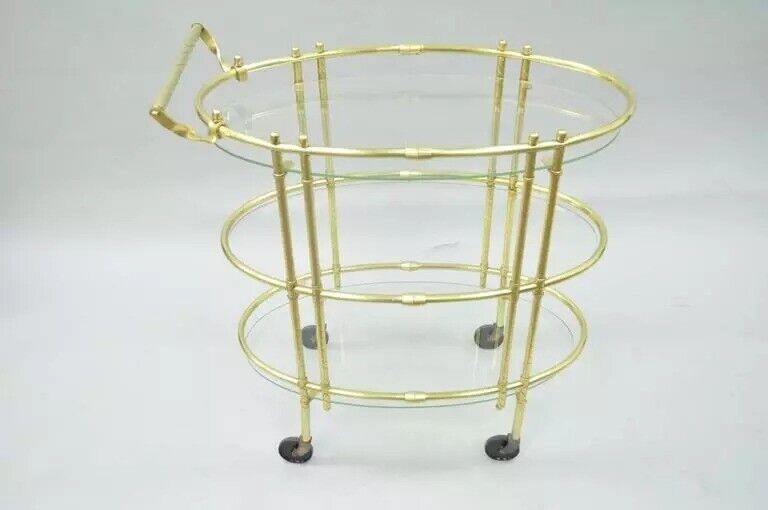 Mid Century Italian Modern Polished Brass & Glass Three Tier Oval Bar Tea Cart