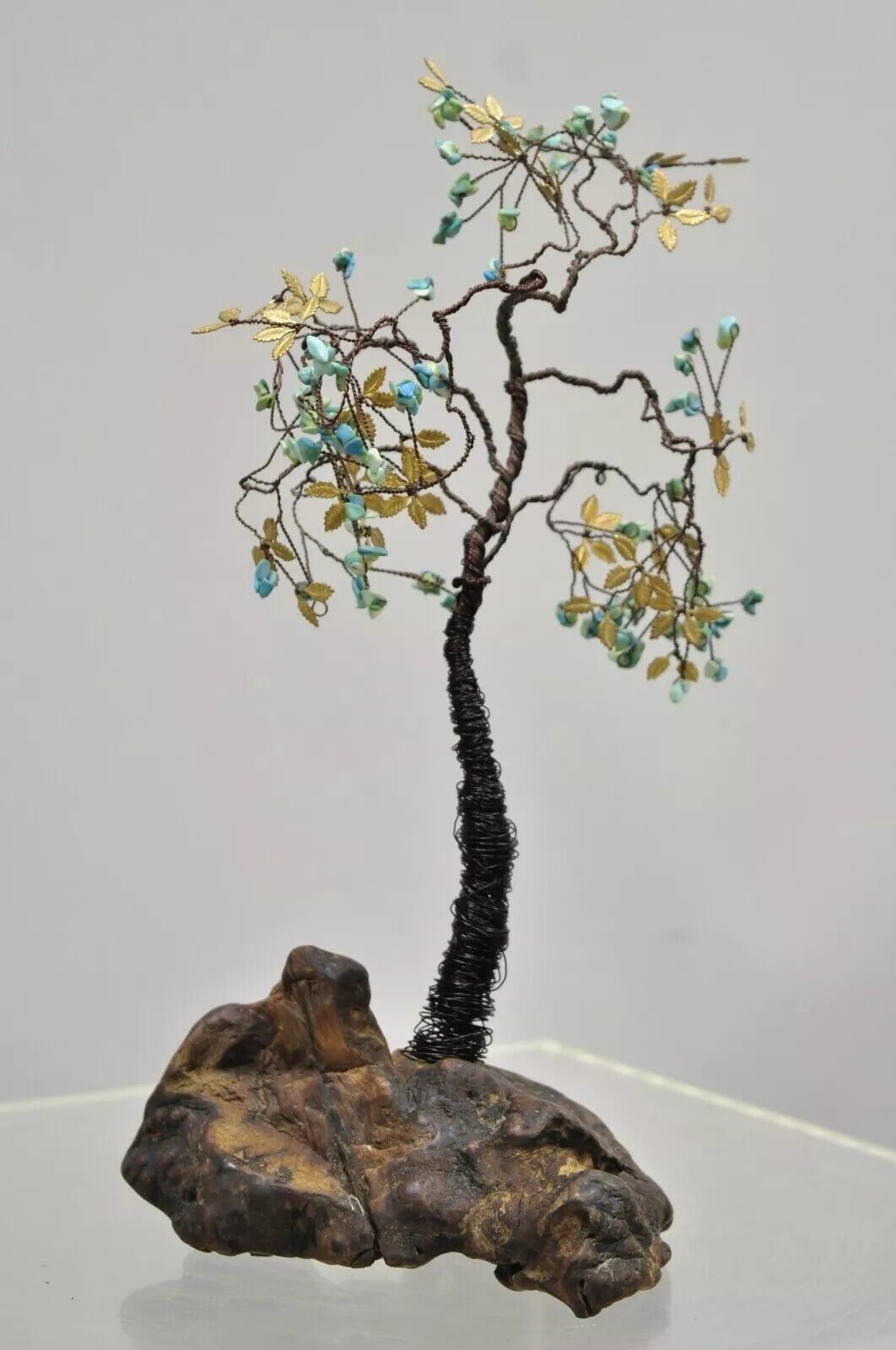 Brutalist Modern Copper Wire 14" Bonsai Tree Brass Leaves Stone Fruit Sculpture