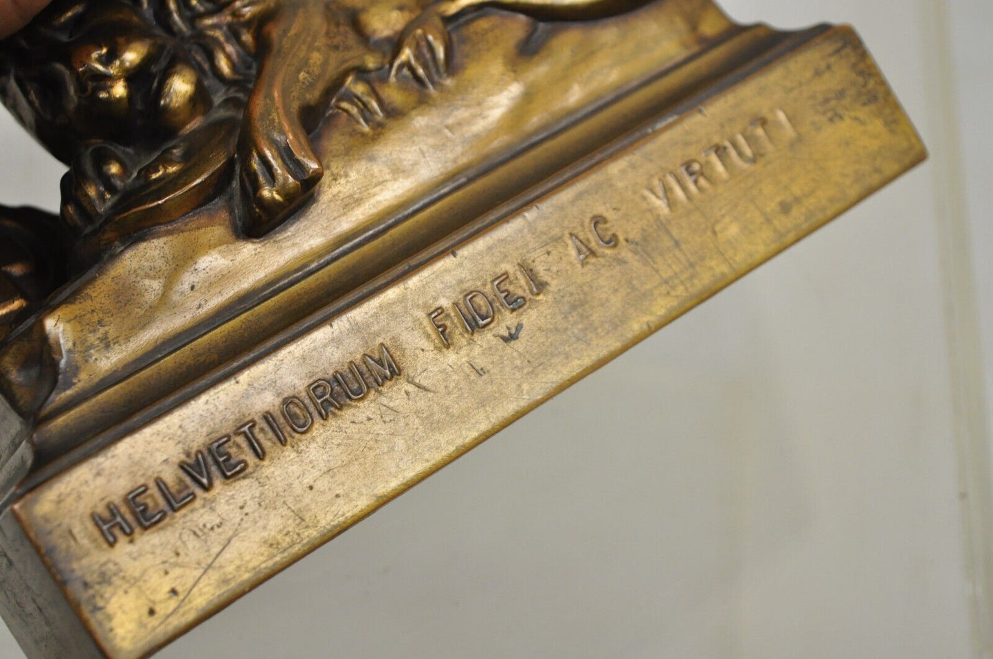 Antique Swiss Guard Bronze Lion Bookends Helvetiorum Fidei AC Virtuti "JB 1570"