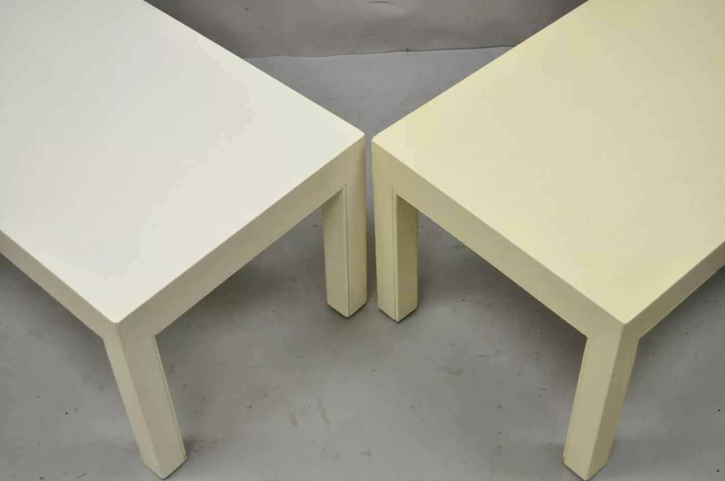 Vintage Modern Solid Wood Cream Lacquered Parsons Low Pedestal Side Table - Pair