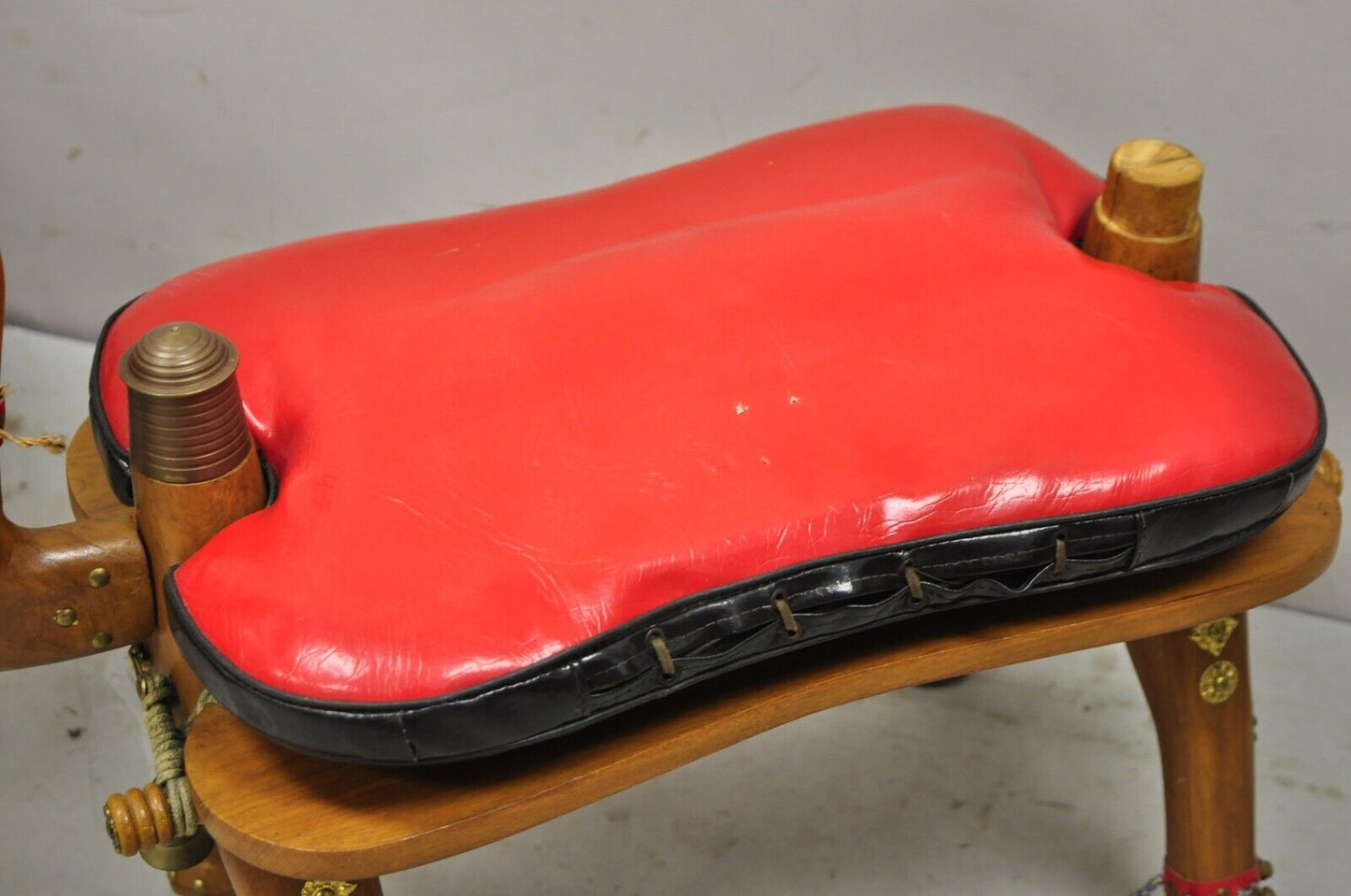 Vintage Camel Saddle Stools Carved Wood Black/Red Cushions - a Pair