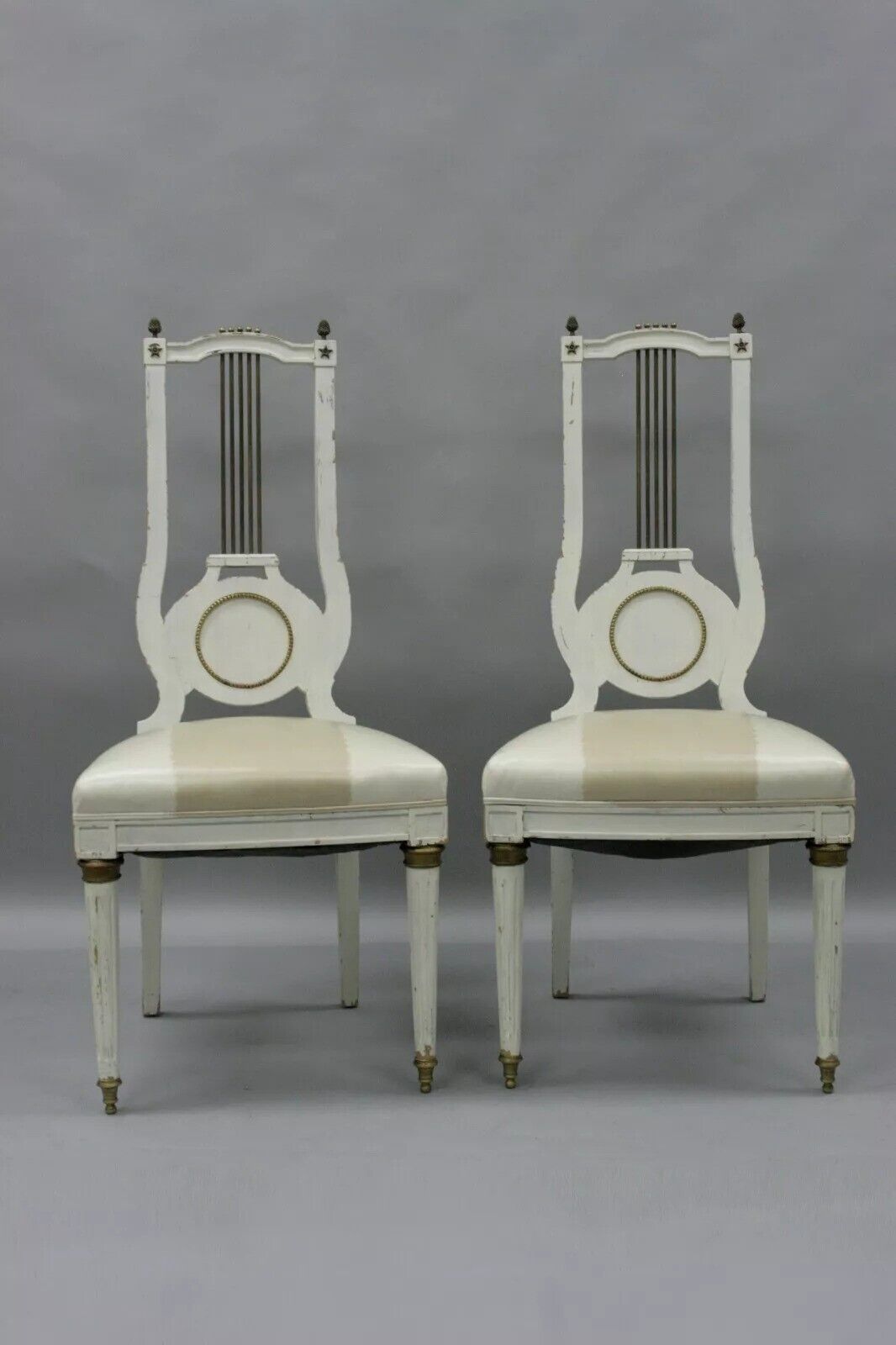 Antique French Empire Neoclassical Style Brass Harp Lyre Side Chairs - a Pair