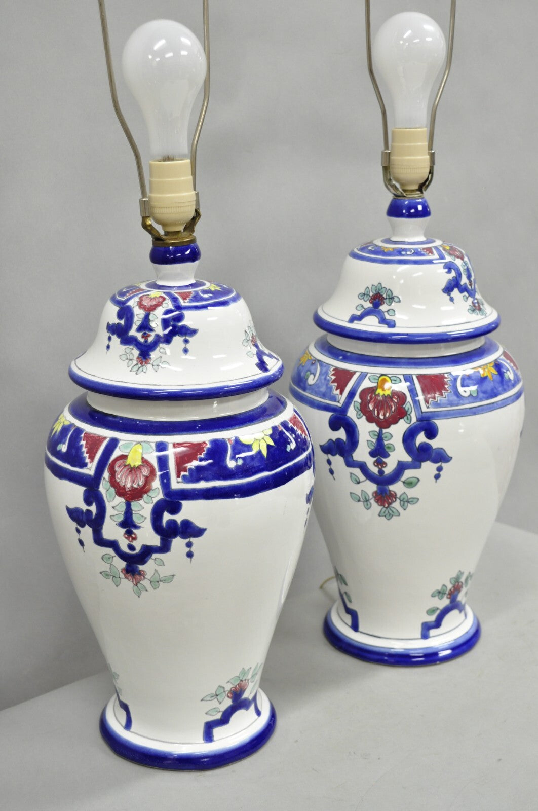 Vintage Chinoiserie White Blue Porcelain Ceramic Jardiniere Table Lamp - a Pair