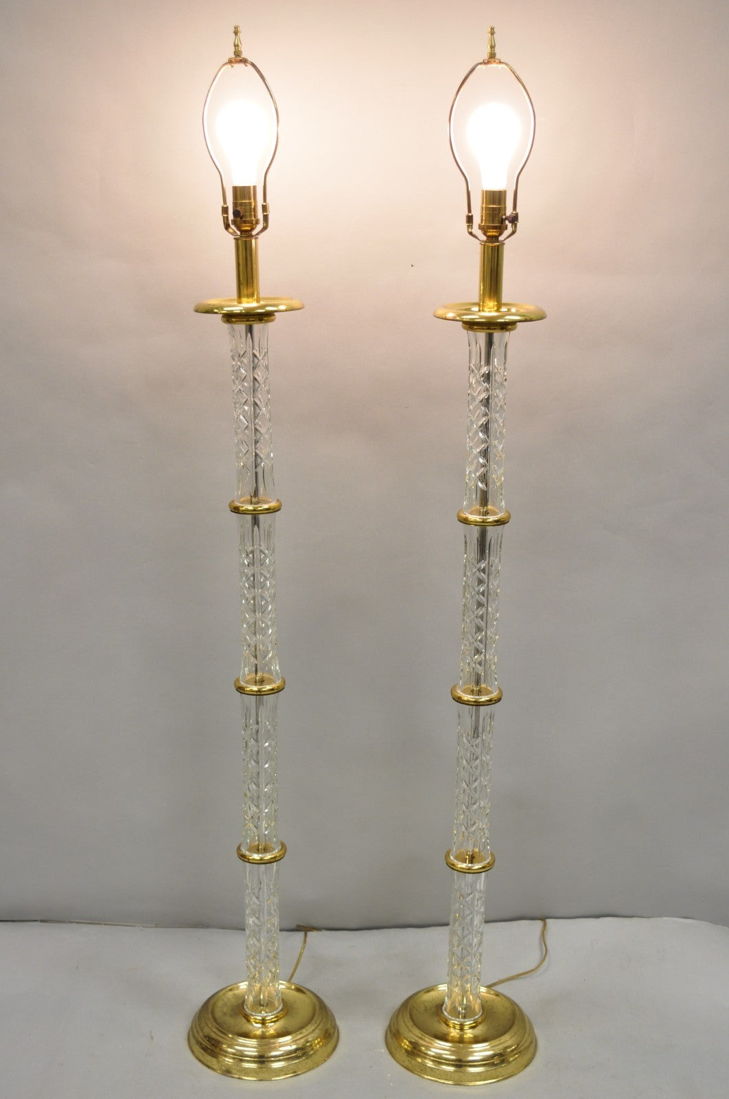 Waterford Kinsale Crystal Glass Column Brass Empire Style Floor Lamp - a Pair