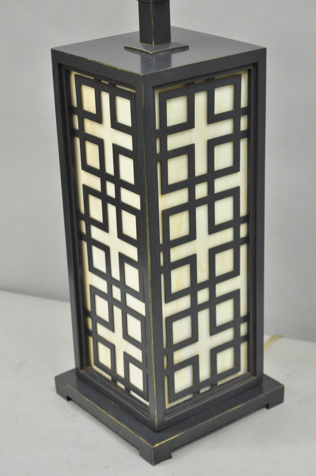 Contemporary Chinoiserie Stained Glass Brushed Metal Fretwork Design Table Lamp