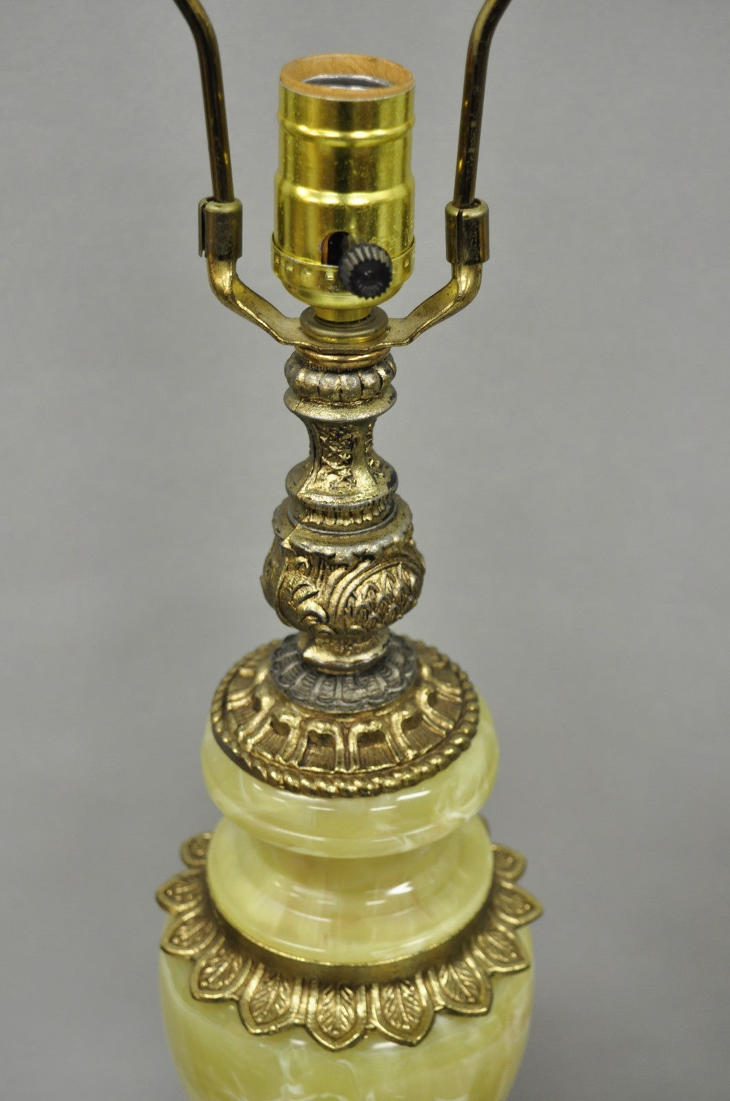 Vintage French Baroque Hollywood Regency Green Onyx Brass Table Lamps - a Pair