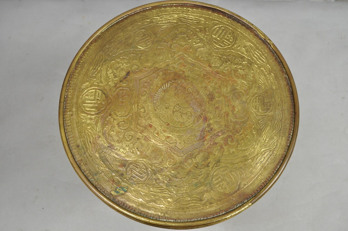 Antique Chinoiserie Oak Barley Twist Chinese Brass Dragon Side Table by Ferguson