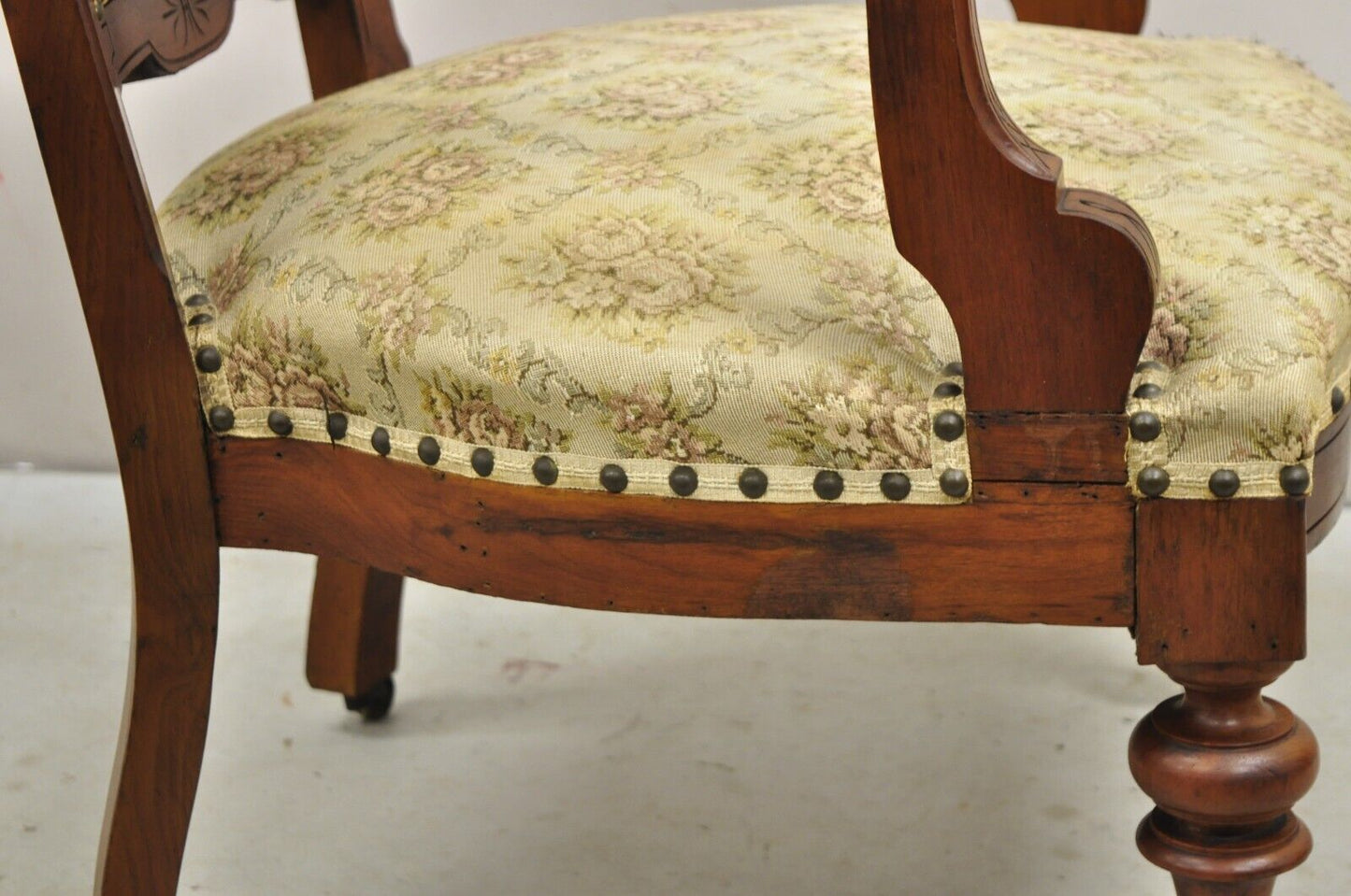 Antique Victorian Carved Walnut Tapestry Upholstered Parlor Lounge Arm Chair