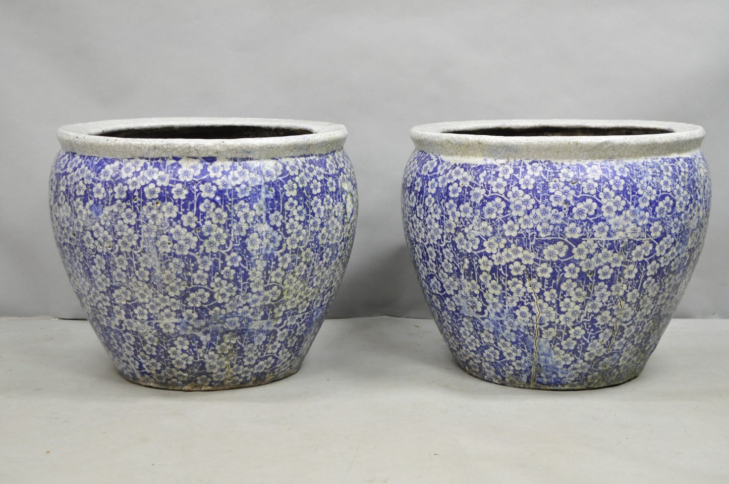 Antique Chinoiserie Large Blue White Terracotta 23" Jardiniere Planter Pot Pair