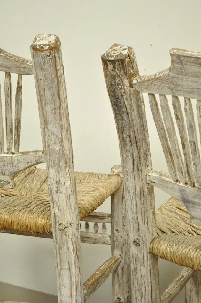 Hickory Style Rustic Log Cabin Wood Woven Rush Seat Bar Stools Chairs - a Pair