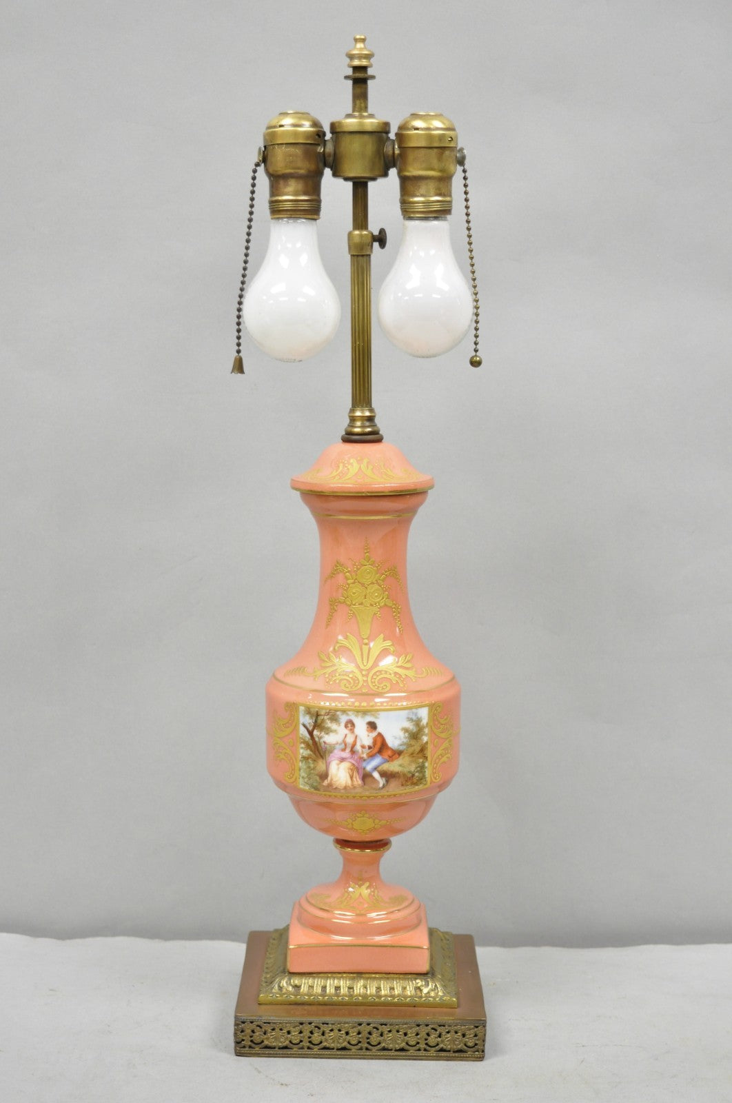 Antique French Victorian Salmon Coral Pink Porcelain Hand Painted Urn Table Lamp