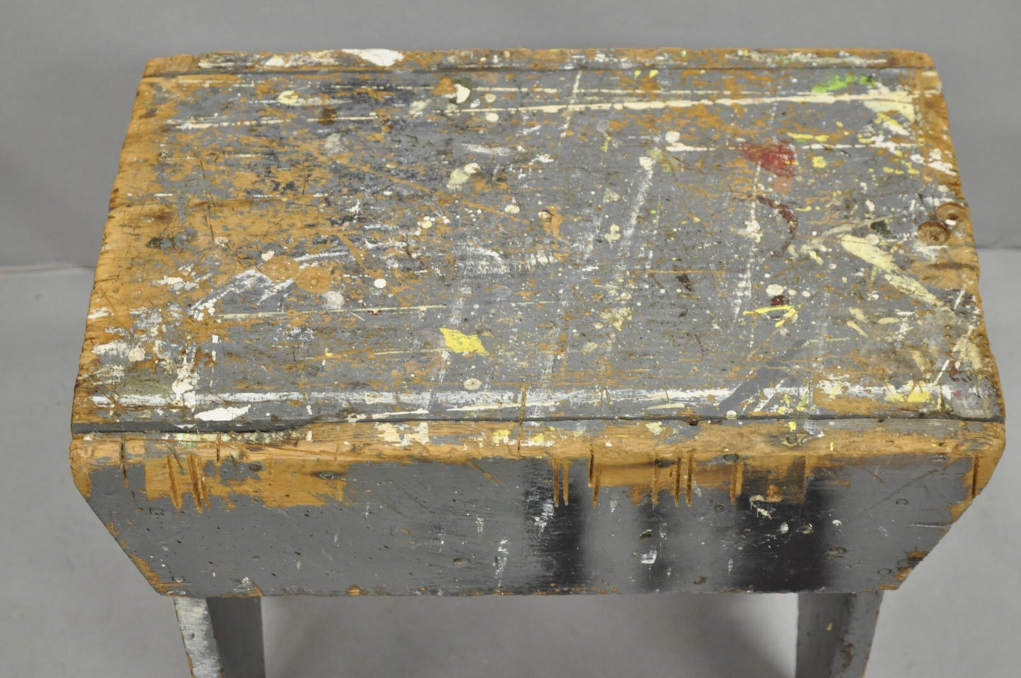 Antique French Country Primitive Gray Painted Paint Splattered Work Bench Stool