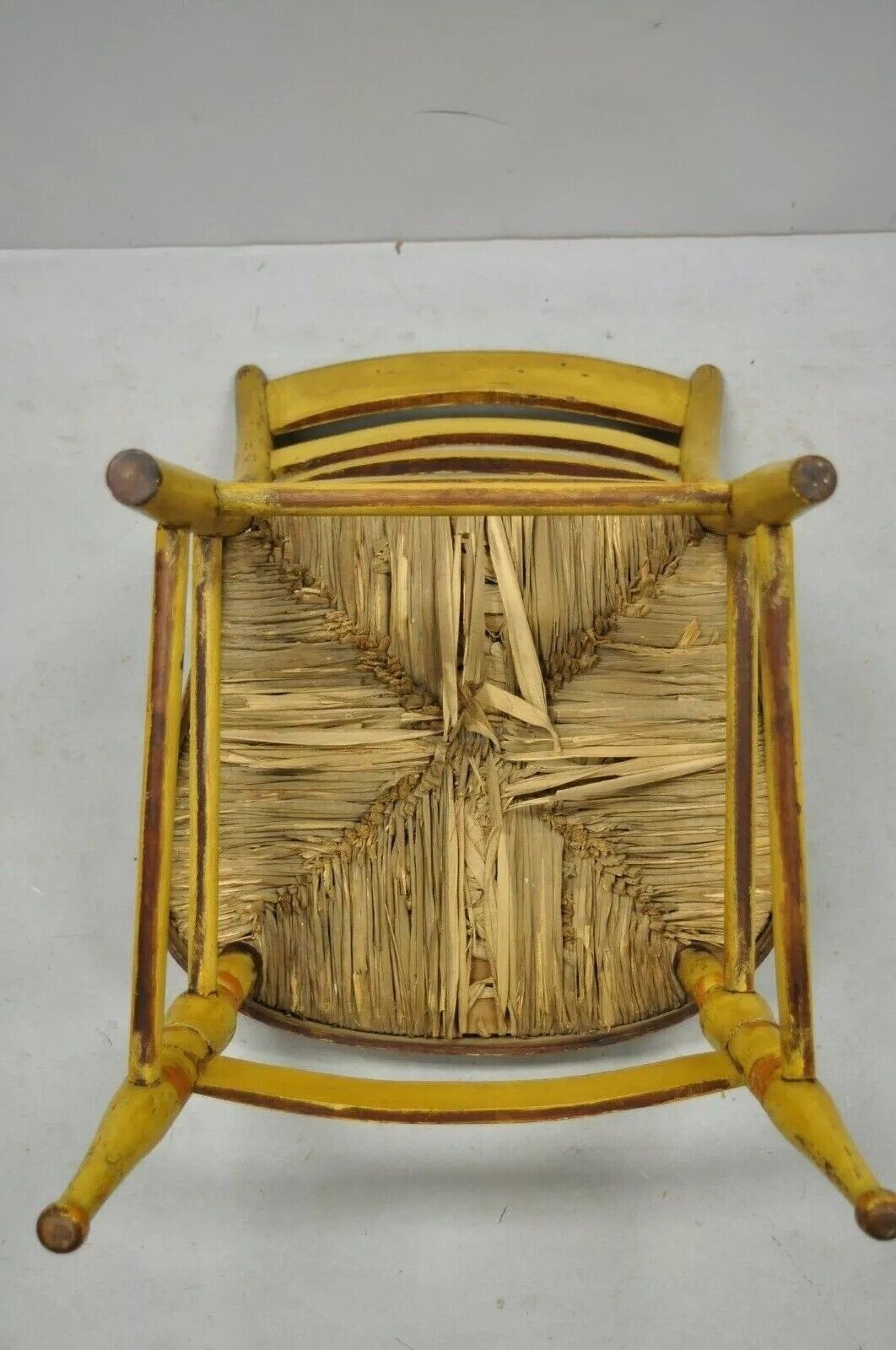 Antique Hitchcock Style Slat Back Rush Seat Yellow Paint Stencil Side Chair (A)