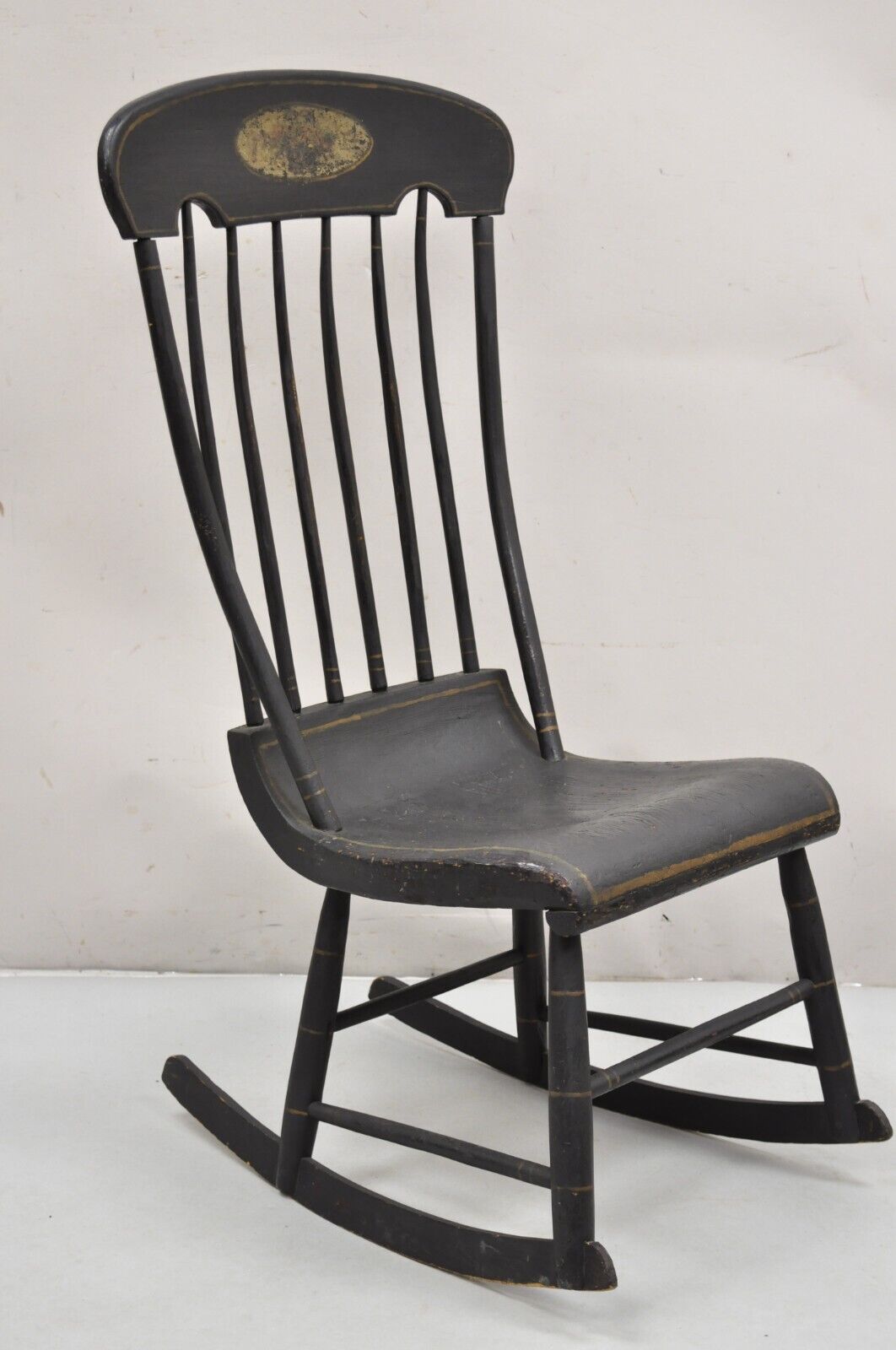 Antique Colonial Stencil Back Black Painted Plank Bottom Rocker Rocking Chair