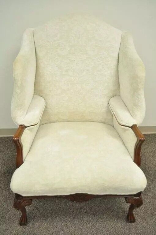 Georgian Style Oversized Mahogany Ball and Claw Upholstered Wingback Chair