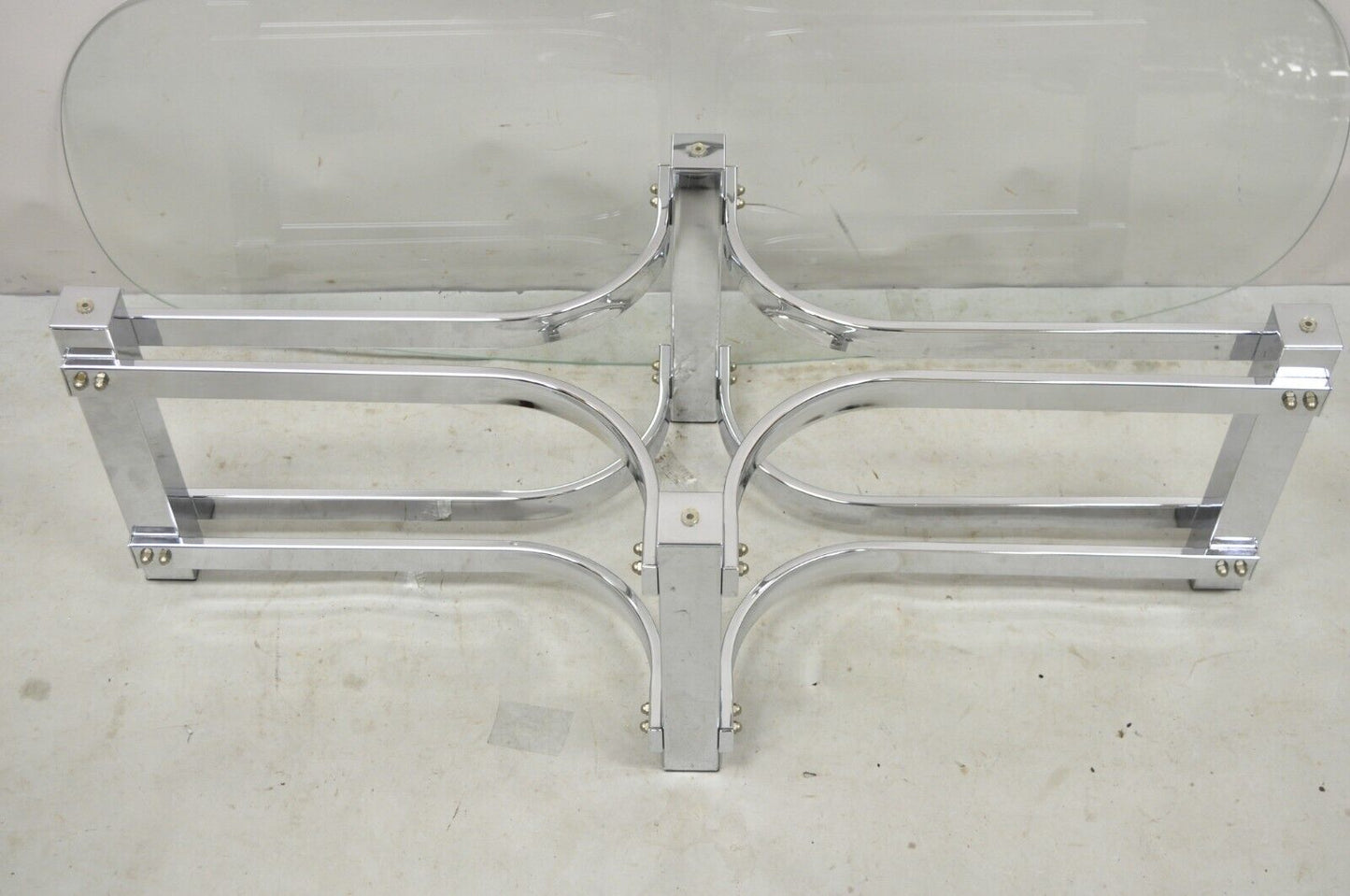 Vintage Mid Century Modern Oval Glass Top Sculptural Chrome Frame Coffee Table