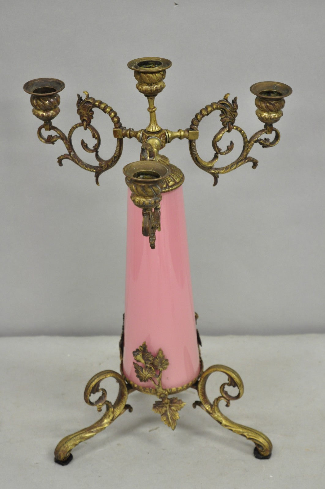 French Renaissance Art Nouveau Bronze 4 Candle Pink Glass Column Candelabra
