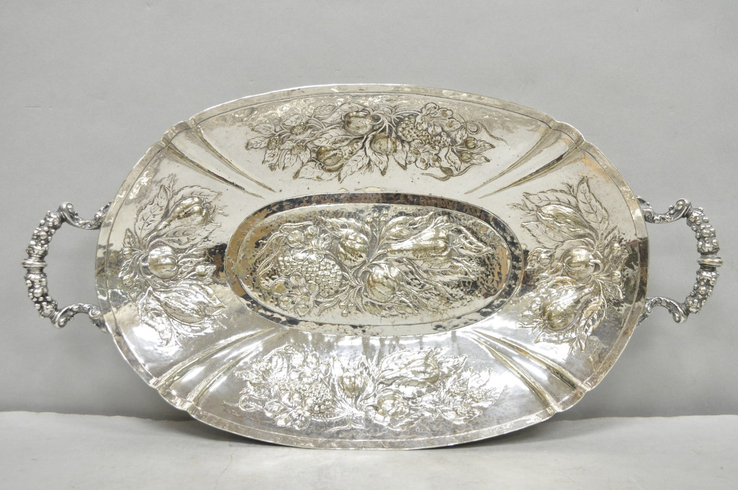 Antique Victorian Silver Plated Fruit Harvest Repousse Centerpiece Fruit Bowl