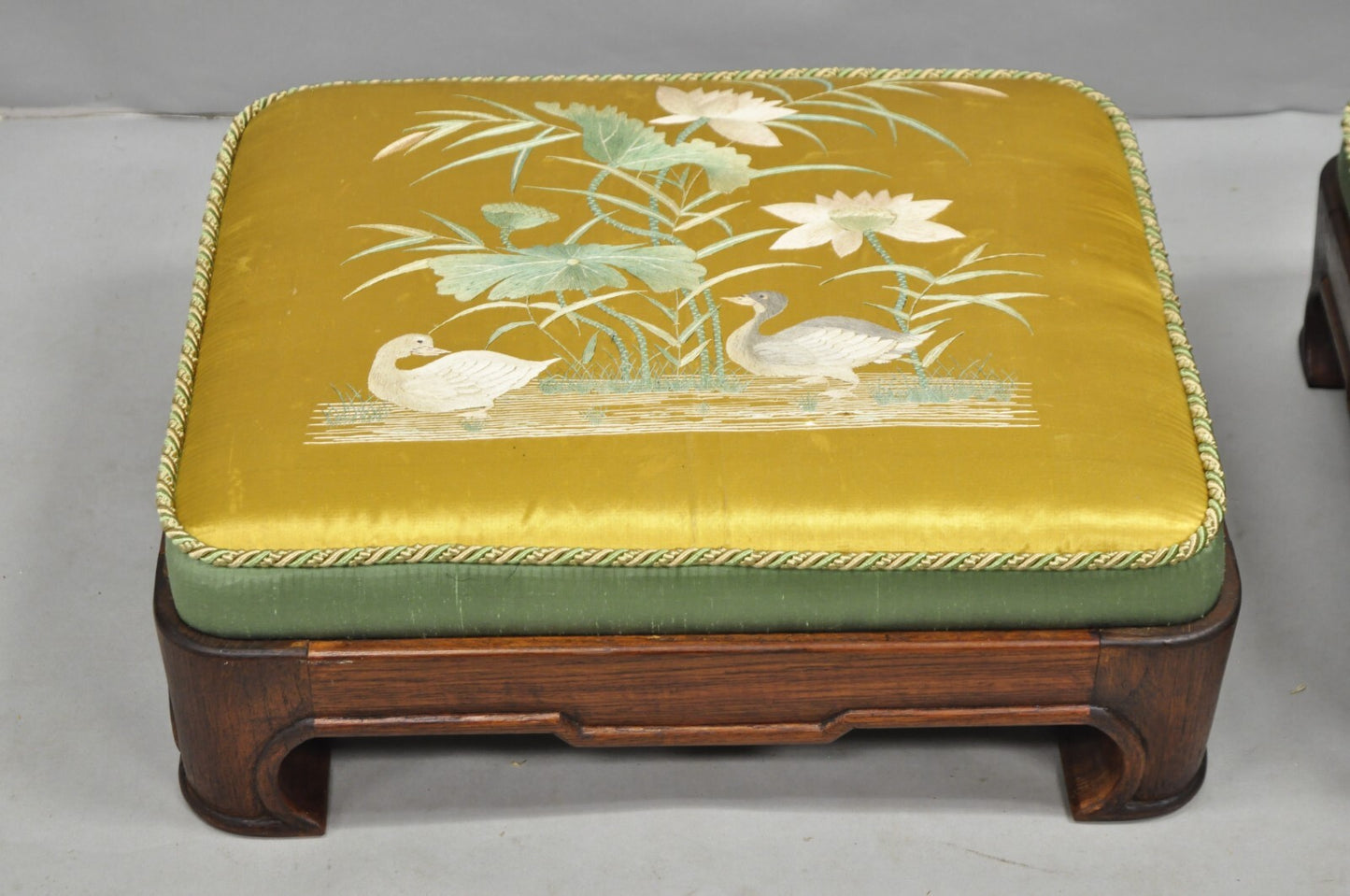Vintage Chinoiserie Chinese Ming Style Low Footstool Ottoman w/ Silk - Pair