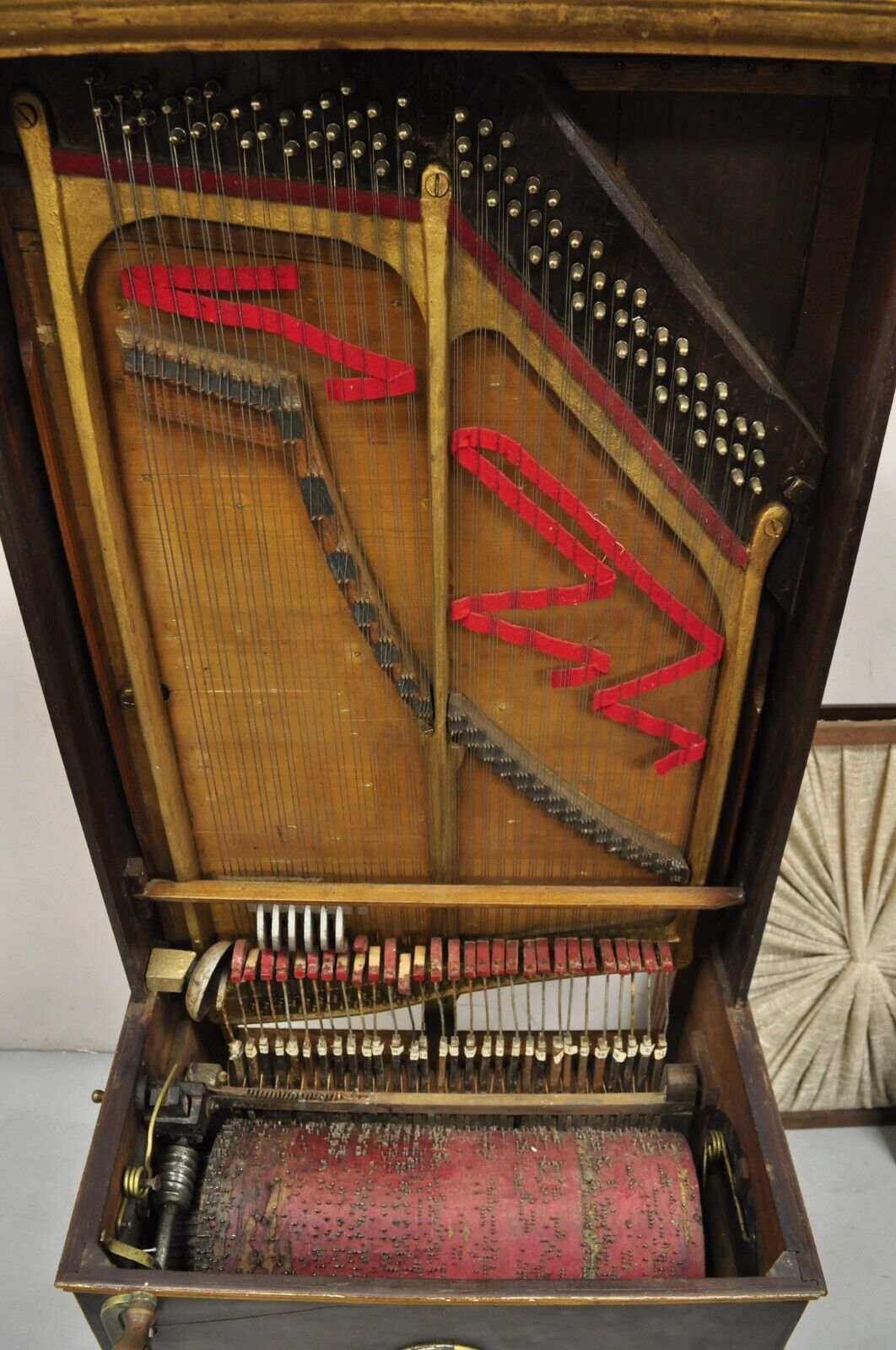Antique English Victorian Hand Crank Mahogany Case Portable Upright Barrel Piano