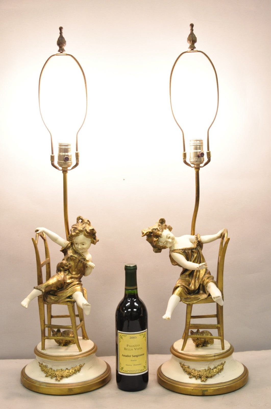 Juan Clara "Girl on Chair Playing with Kittens" Metal Figural Table Lamps - Pair