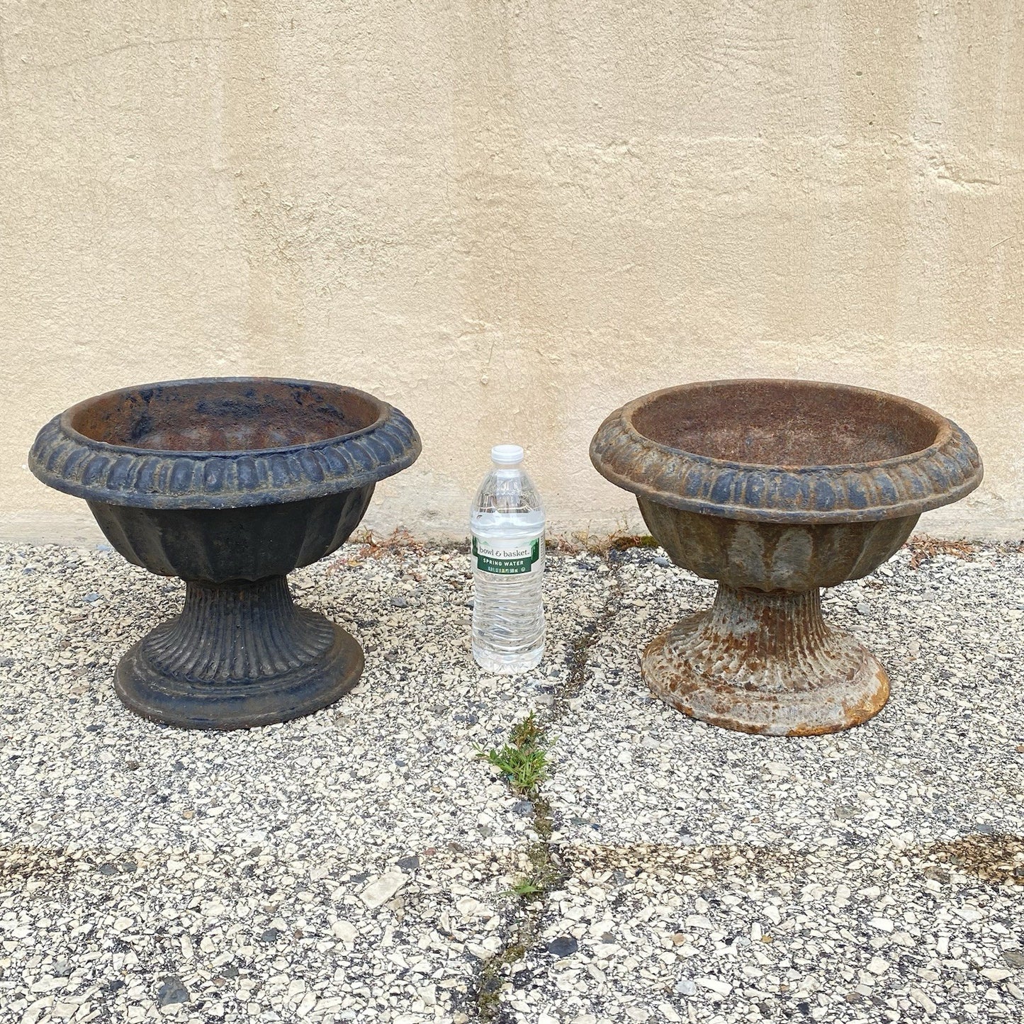 Antique French Empire Style Small 12" Cast Iron Urn Garden Planter Pots - Pair