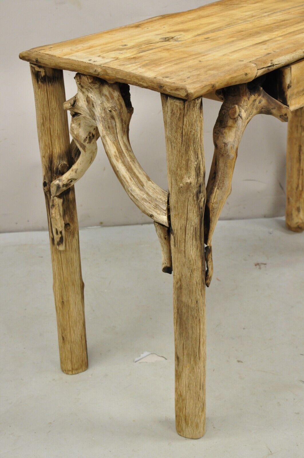 Vintage Rustic Modern Driftwood Branch Small Wooden Desk and Chair with Drawer