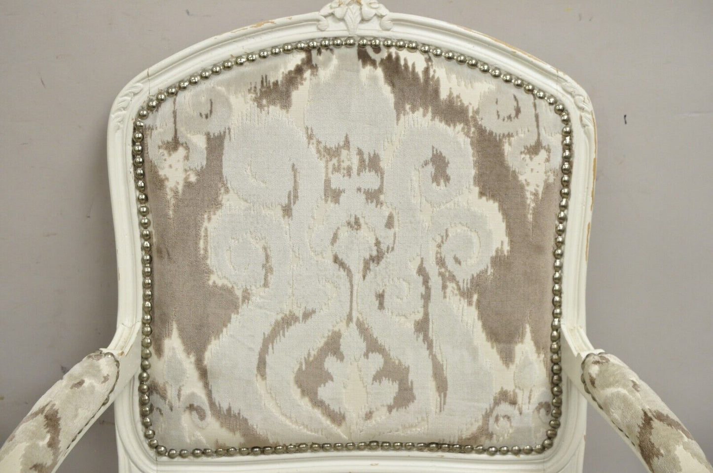 Vintage French Country Louis XV Style White Distress Painted Arm Chairs - a Pair